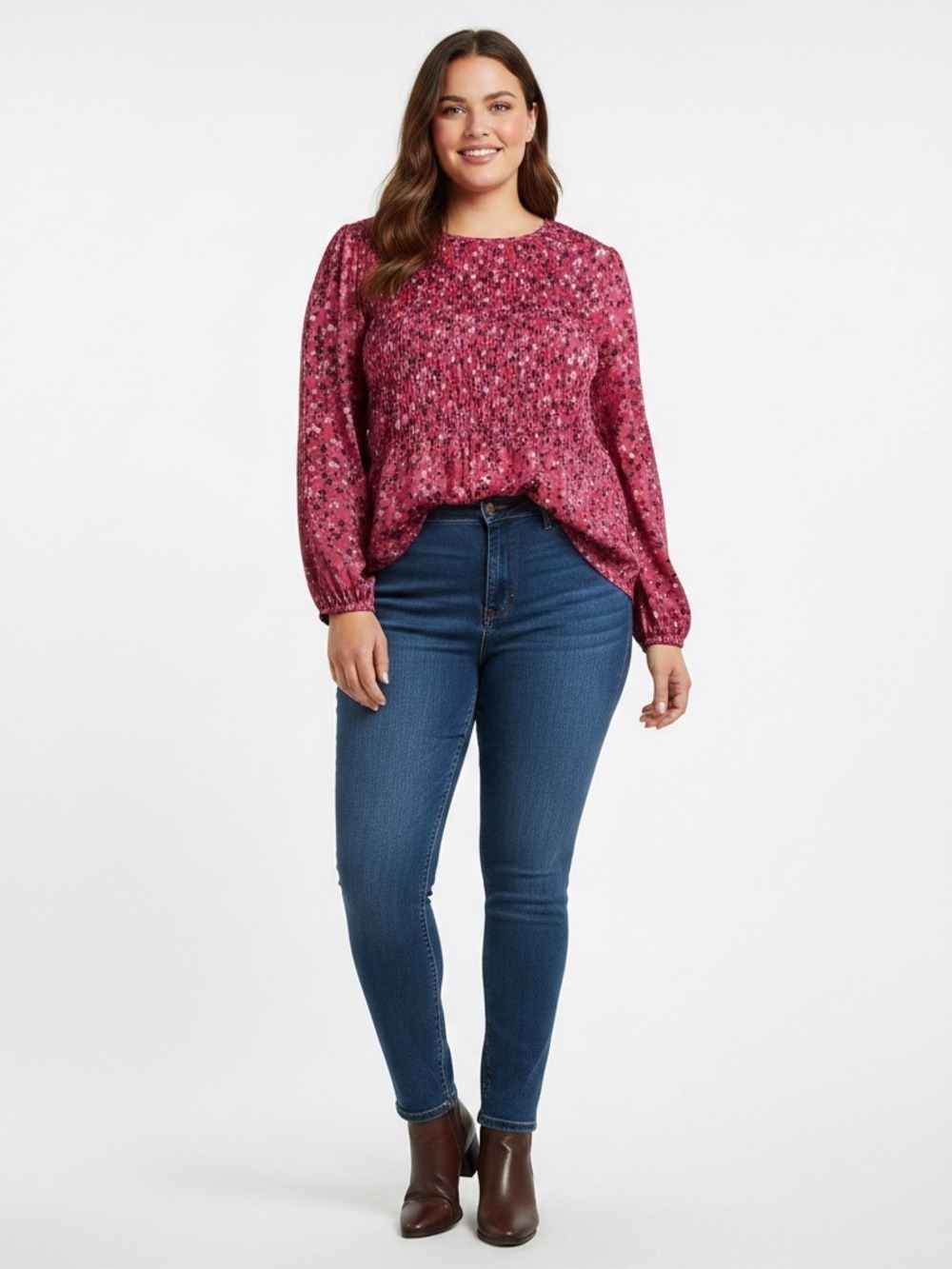 4X Addition Elle Pink Floral Boho Blouse – Smocked Style, Button Back
